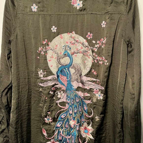 Zara Forest Green Button Down Embroidered Maxi Blouse Kimono. Size Small - Picture 6 of 15